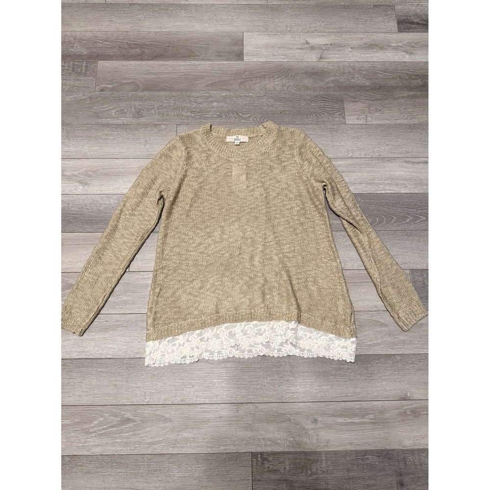 NWT Pink Republic Sweater Womens Medium Tan‎ Lace Trim Open Knit Top Cottagecore